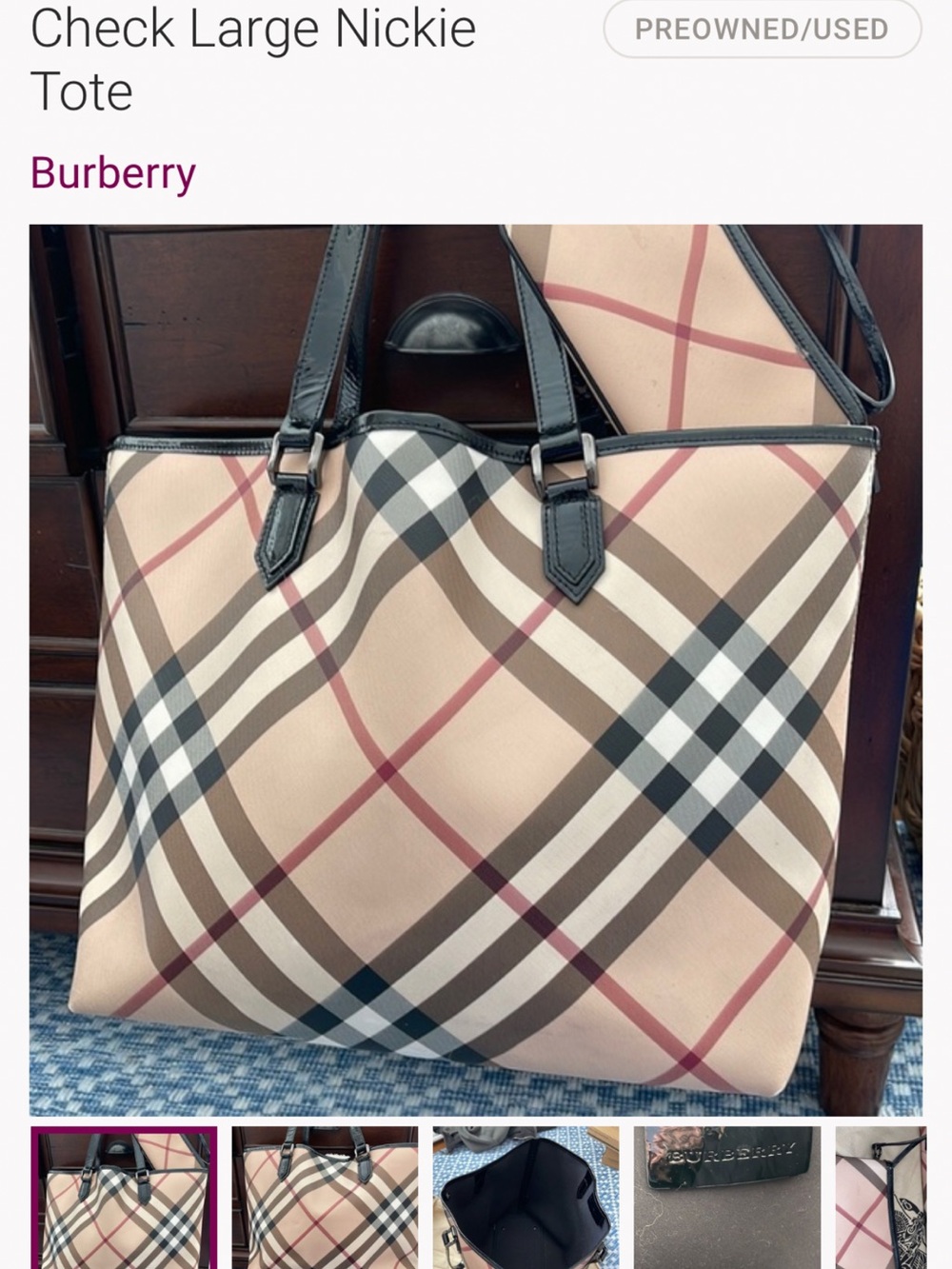 Burberry Beige Nova Check Tote with Black Leather Trim